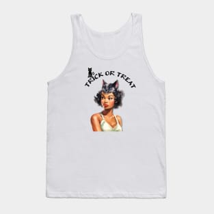 Trick or Treat Black Pin-up Girl with Cat Mask Illustration Art Tank Top